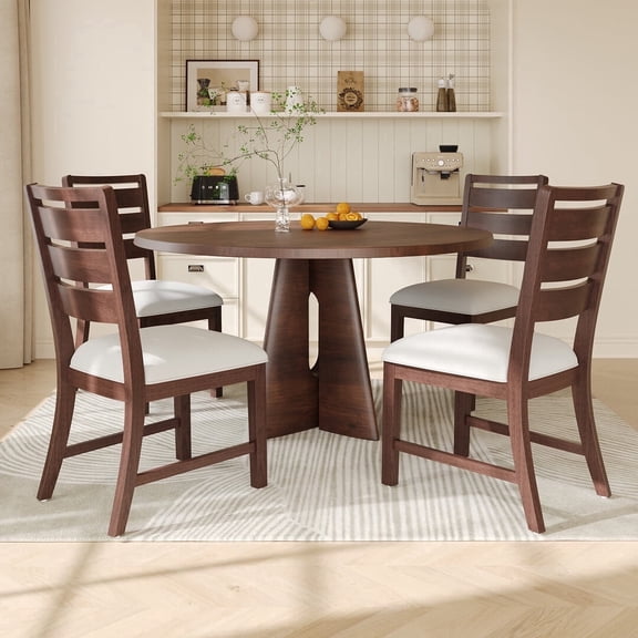 COLAMY SERA Solid Wood Dining Chair Set of 4 with Fabric Upholstered Cushion, Ladder Back Farmhouse Kitchen Chair, Modern Two-Tone Chair for Home and Restaurant, Brown