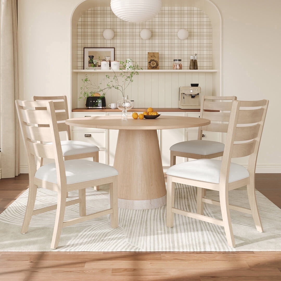COLAMY Farmhouse Wood Dining Chairs Set of 4, Rustic Ladder Back Kitchen Side Chair with Upholstered Seat, Natural Wood