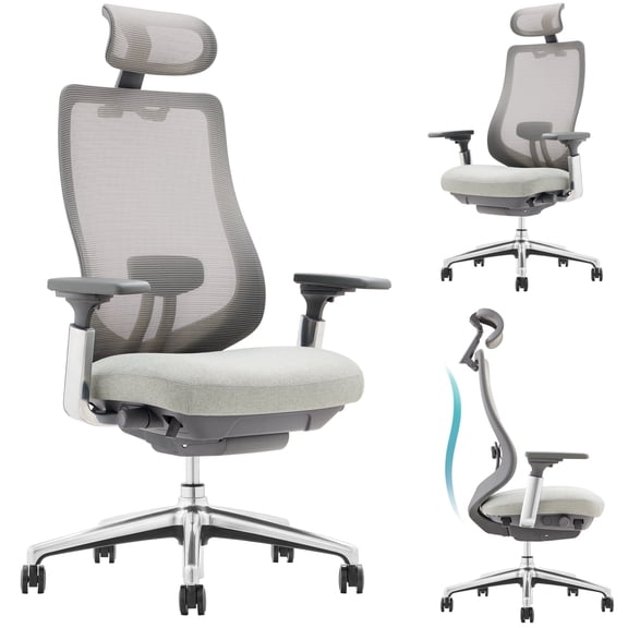 Ergonomic Mesh Office Chair with Lumbar Support - High Back Desk Chair with Adjustable Headrest & 4D Arms,Light Grey