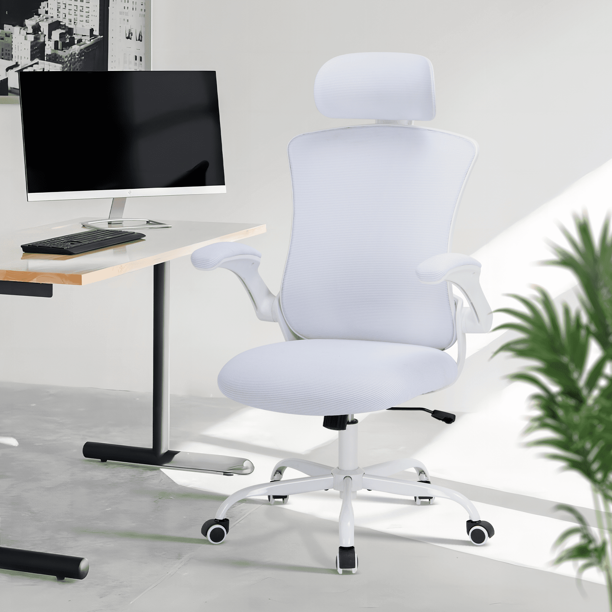 AFO High Back Ergonomic Office Chair, Adjustable Lumbar Support & Headrest Mesh Desk Chair with Flip-Up Arms, 275lbs Heavy Duty Metal Base Computer Task Chair for Home Office, White