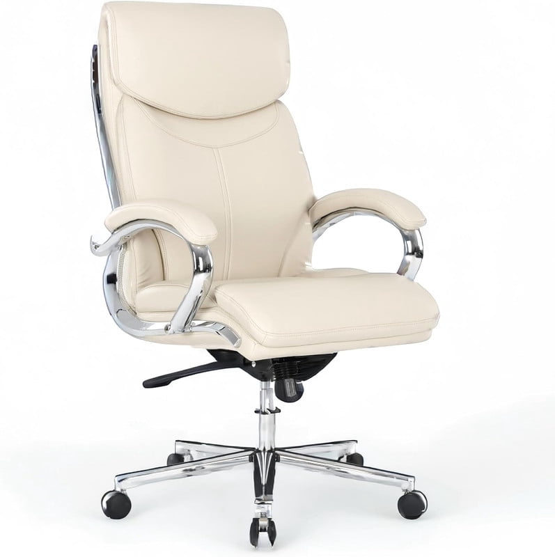 COLAMY High Back Executive Office Chair, PU Leather Computer Desk Chair with Extra Thick Padded Seat Cushion, Quiet Rubber Rolling Casters and Adjustable Tilt Tension for Home Workspace,Beige