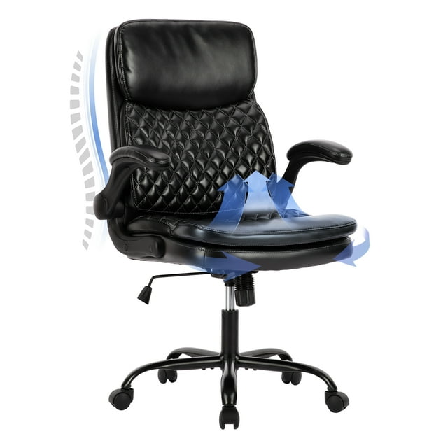COLAMY Home Office Chair 275LBS, Ergonomic Computer Desk Chair, Executive Leather Office Chair with Padded Flip-up Arms, Big and Tall Office Chair with Adjustable Height and Tilt Lock for Home/Office