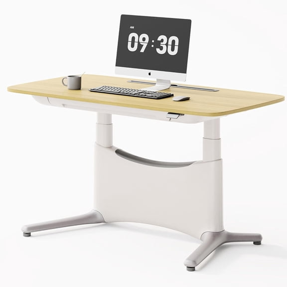 COLAMY LumiDesk 55" Electric Standing Desk, Dual Motor Whole-Piece Adjustable Sit Stand Desk with Drawer & Outlets, Ergonomic Home Office Computer Desk(MFC Desktop, Light Maple + White)