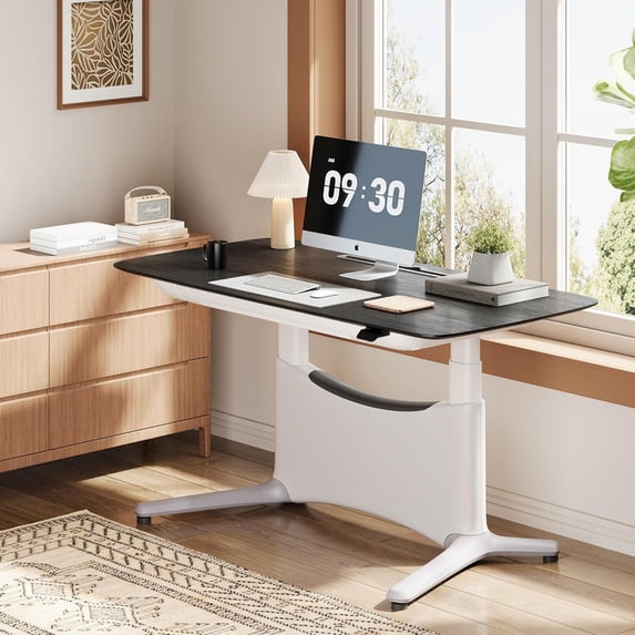 COLAMY LumiDesk 55" Electric Standing Desk, Dual Motor Whole-Piece Adjustable Sit Stand Desk with Drawer & Outlets, Ergonomic Home Office Computer Desk (Veneer Desktop, Black Oak + White)