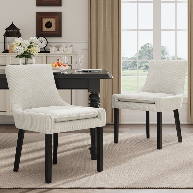 COLAMY Modern Dining Chairs Set of 2, Upholstered Corduroy Accent Side Leisure Chairs with Mid Back and Wood Legs for Living Room/Dining Room-Beige