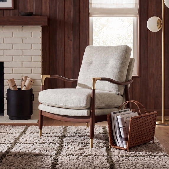 COLAMY Mid Century Modern Accent Chair with Solid Wood Frame, Upholstered Armchair with Brass Accents & 5.9" Thick Cushion, Comfy Reading Lounge Chair for Living Room Bedroom, Gray