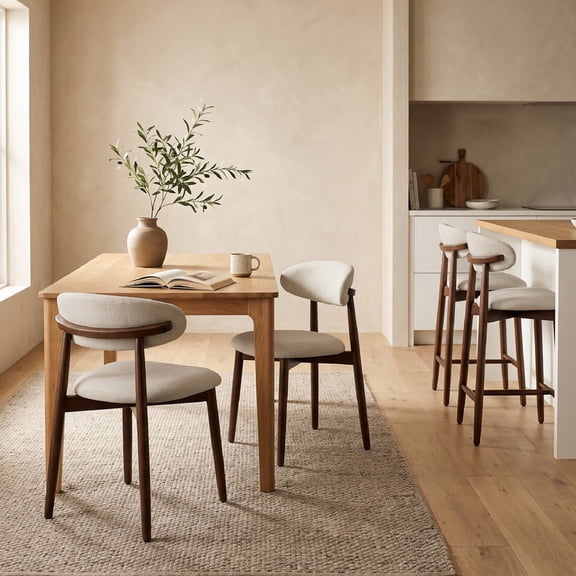 COLAMY Mid Century Modern Dining Chairs and Bar Stools Set, Upholstered Kitchen Dining Room Seating with Wood Legs, Set of 4 (2 Dining Chairs + 2 Barstools), Beige