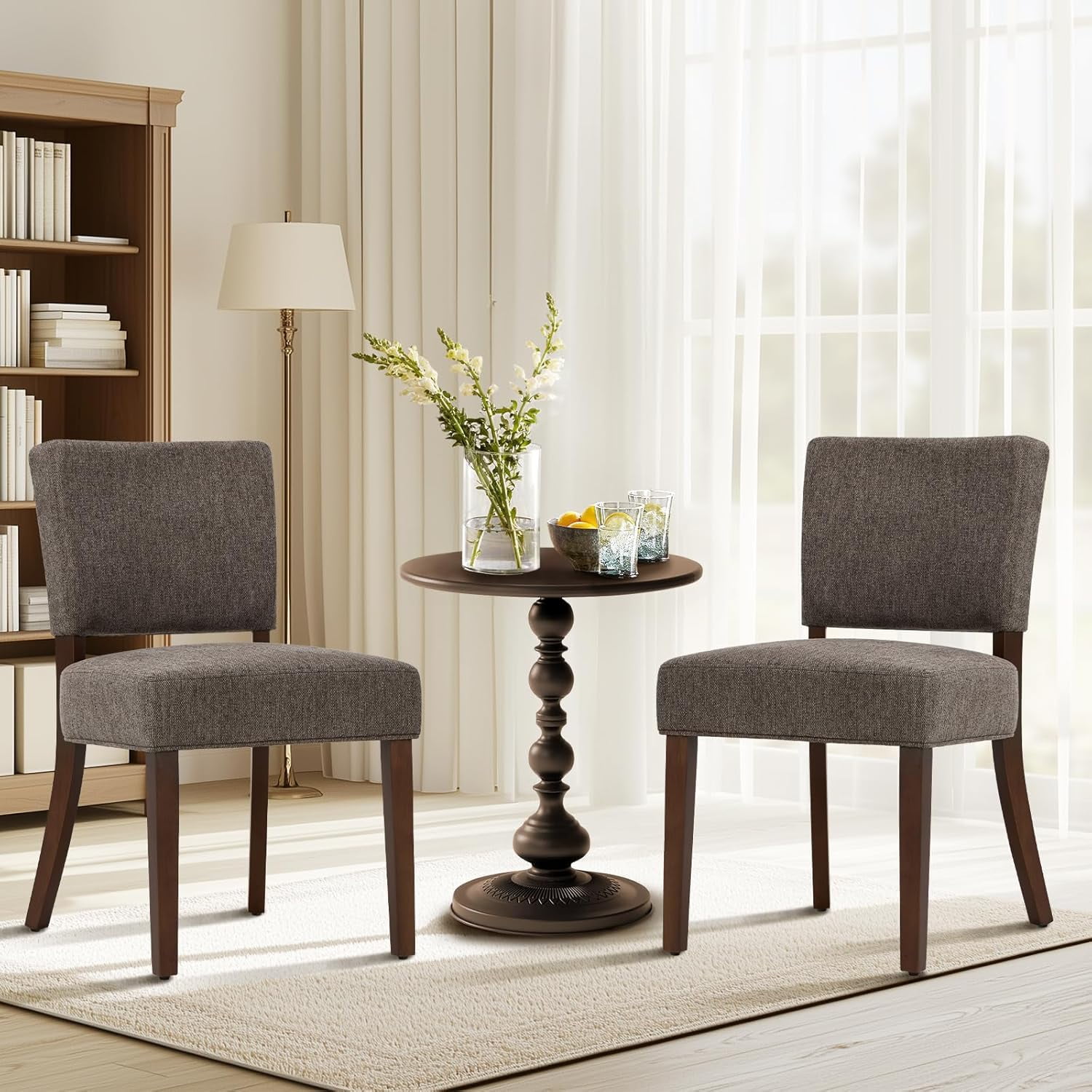 Mid Century Modern Dining Chairs Set of 2, Upholstered Kitchen Chairs with Back, Farmhouse Fabric Side Dining Room Chairs with Wood Legs for Dining Room Kitchen Restaurant, Brown