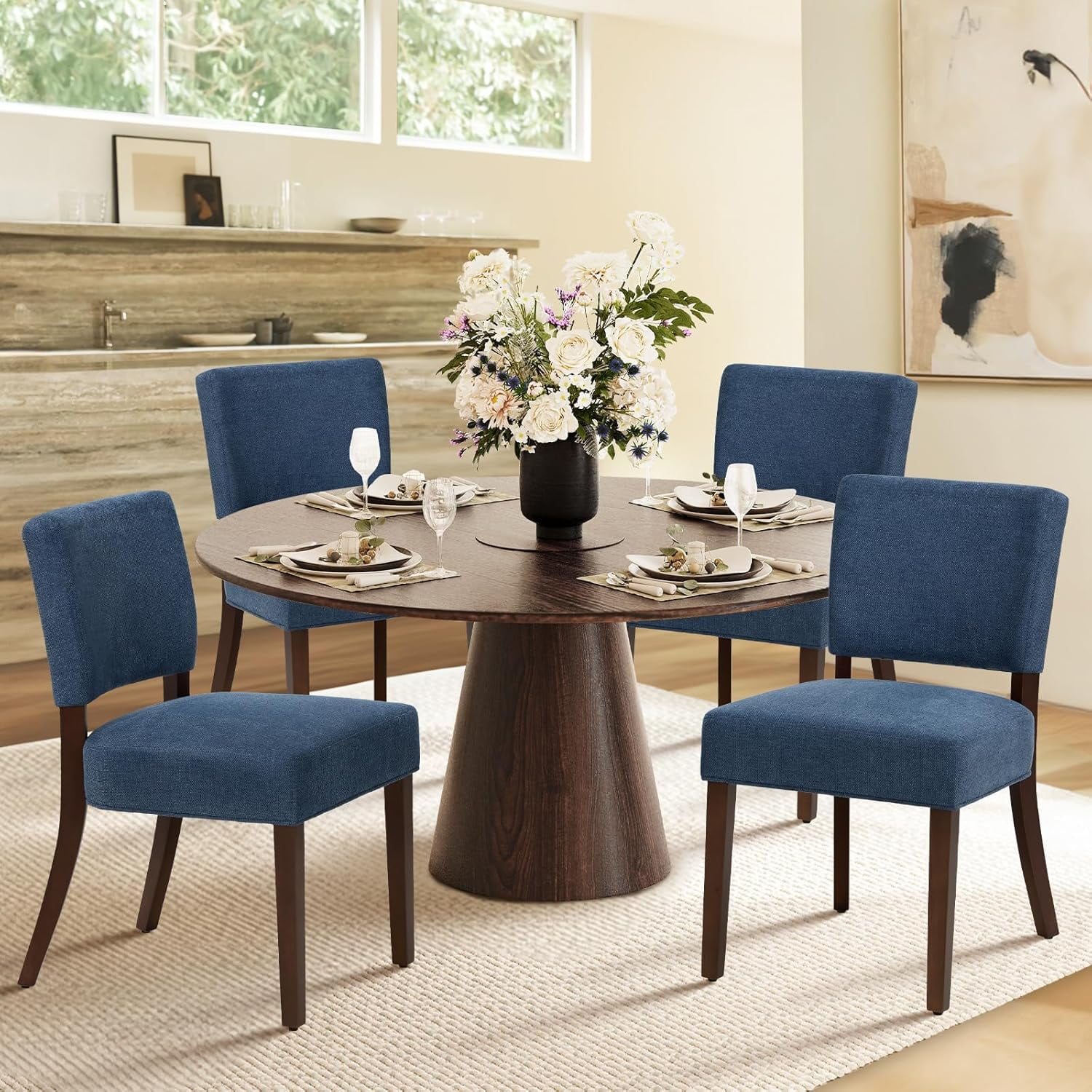 Mid Century Modern Dining Chairs Set of 4, Upholstered Kitchen Chairs with Back, Farmhouse Fabric Side Dining Room Chairs with Wood Legs for Dining Room Kitchen Restaurant, Blue