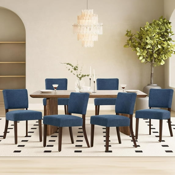 Mid Century Modern Dining Chairs Set of 6, Upholstered Kitchen Chairs with Back, Farmhouse Fabric Side Dining Room Chairs with Wood Legs for Dining Room Kitchen Restaurant, Blue