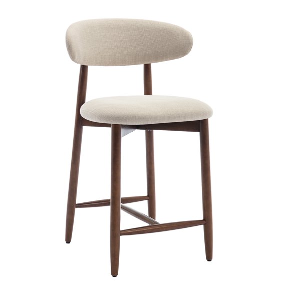 Mid Century Modern Kitchen Bar Stools Set of 1, Counter Height Stools with Curved Back and Wooden Frame,Upholstered Seat Beige