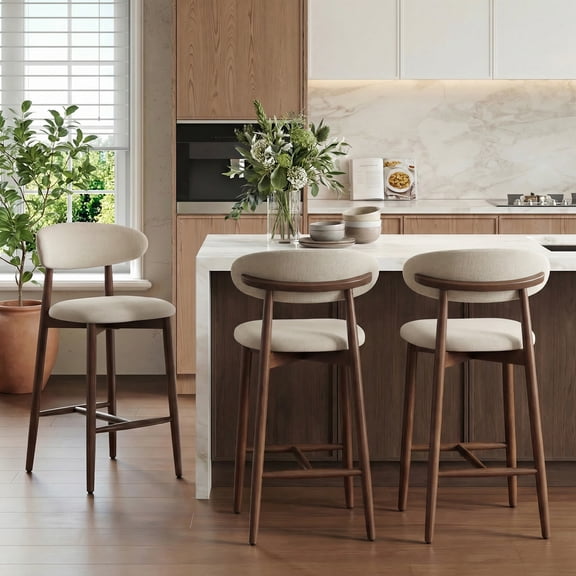 Mid Century Modern Kitchen Bar Stools Set of 2, Counter Height Stools with Curved Back and Wooden Frame,Upholstered Seat Beige