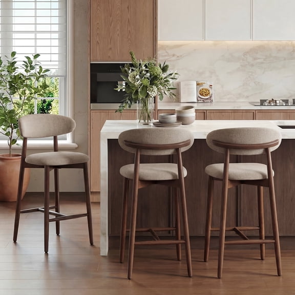 Mid Century Modern Kitchen Bar Stools Set of 2, Counter Height Stools with Curved Back and Wooden Frame,Upholstered Seat Camel