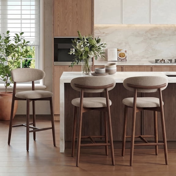 AFO 26" Counter Height Bar Stools Set of 2, Kitchen Bar Stools With Curved Back & Wood Legs, Mid Century Modern Upholstered, For Kitchen Island Dining Room, Camel