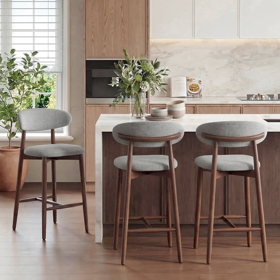 AFO 26" Counter Height Bar Stools Set of 2, Kitchen Bar Stools With Curved Back & Wood Legs, Mid Century Modern Upholstered, For Kitchen Island Dining Room, Light Grey