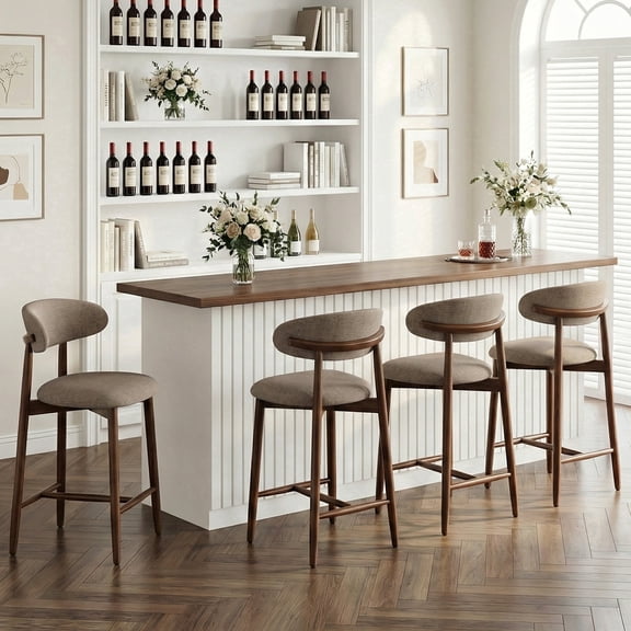 AFO 26" Counter Height Bar Stools Set of 4, Kitchen Bar Stools With Curved Back & Wood Legs, Mid Century Modern Upholstered, For Kitchen Island Dining Room, Camel