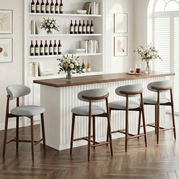 AFO 26" Counter Height Bar Stools Set of 4, Kitchen Bar Stools With Curved Back & Wood Legs, Mid Century Modern Upholstered, For Kitchen Island Dining Room, Light Grey
