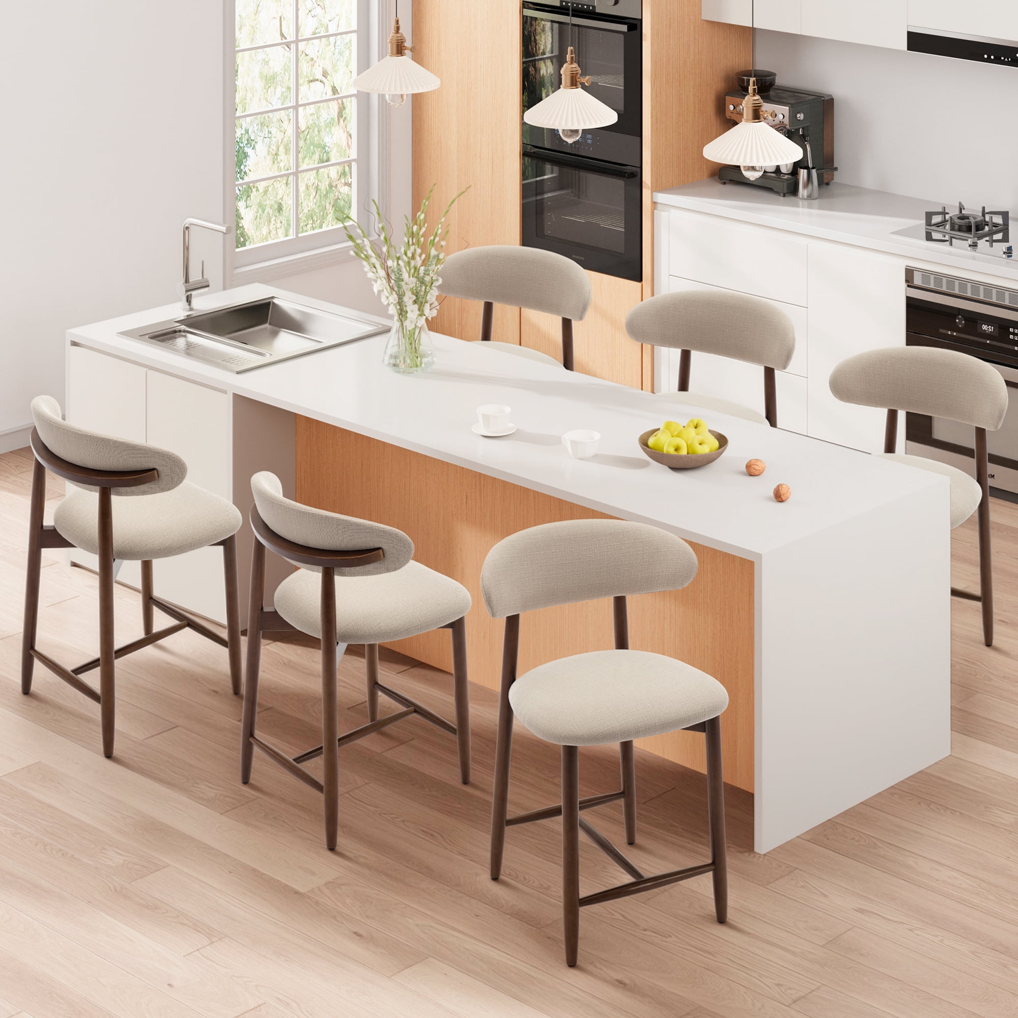 COLAMY Set Of 3 Counter Height Bar Stools With Back - Mid Century Modern Upholstered Stools, Beige