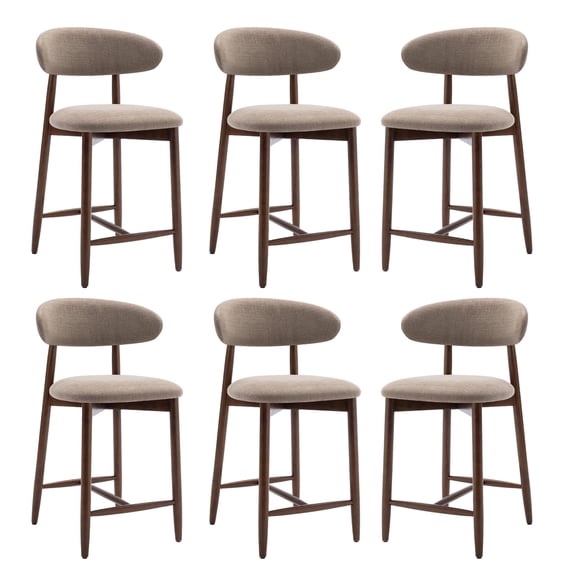 Mid Century Modern Kitchen Bar Stools Set of 6, Counter Height Stools with Curved Back and Wooden Frame,Upholstered Seat Camel