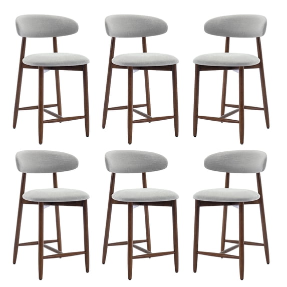 Mid Century Modern Kitchen Bar Stools Set of 6, Counter Height Stools with Curved Back and Wooden Frame,Upholstered Seat Lightgrey