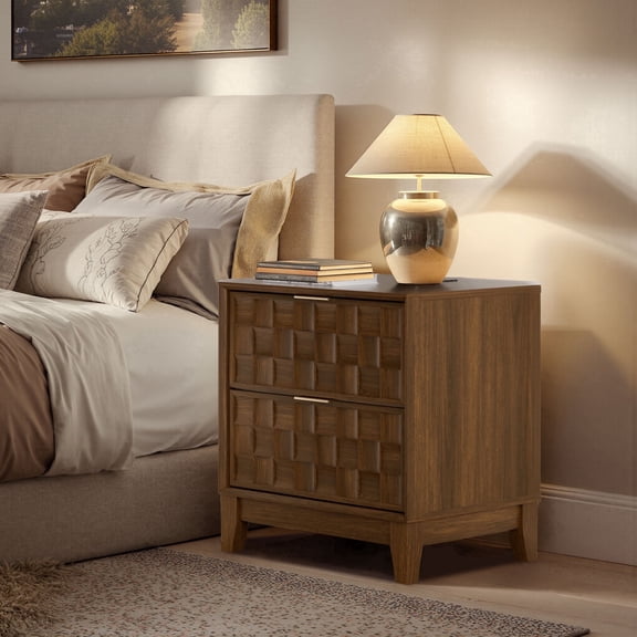 COLAMY Mid Century Modern Nightstand with Charging Station, 2 Drawer Bedside Table with USB & Type-C Ports, Wooden End Table with Chessboard Relief for Bedroom, Living Room and Small Spaces, Walnut