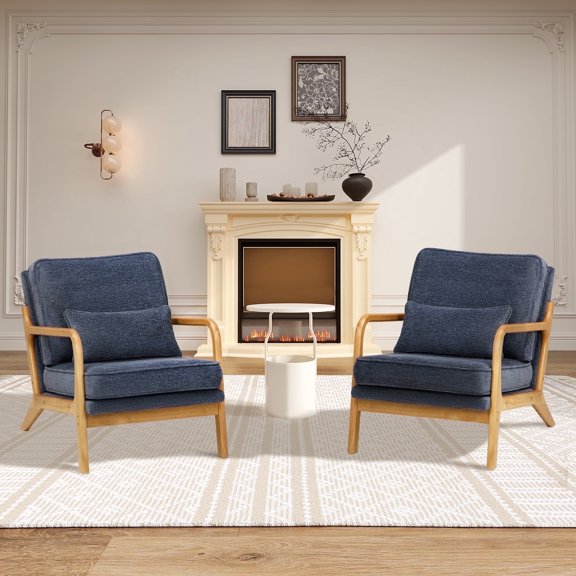 AFO Mid-Century Upholstered Armchair Set of 2 with Back Pillow and Wood Frame, Reading Accent Chair for Living Room Bedroom, Blue