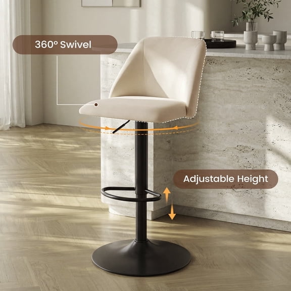 COLAMY Modern Adjustable Bar Stool, Swivel Kitchen Counter Stool, 25"-33" Height, Soft Fabric for 35"-45" Tables, Beige