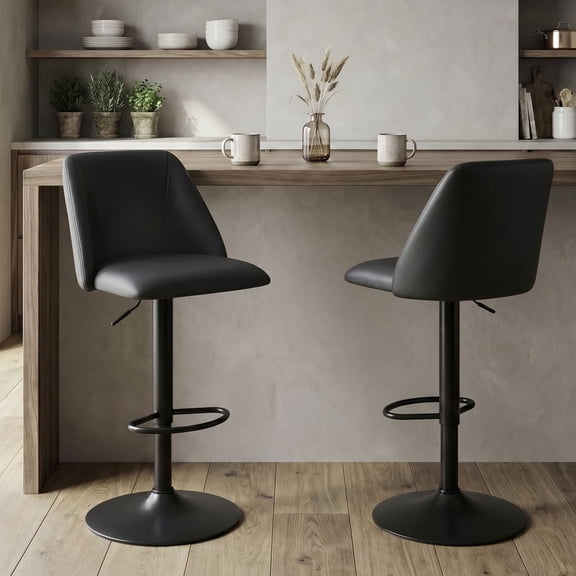 COLAMY Modern Adjustable Bar Stools, Set of 2 Swivel Kitchen Counter Stools, 25"-33" Height, Premium Faux Leather for 35"-45" Tables, Black