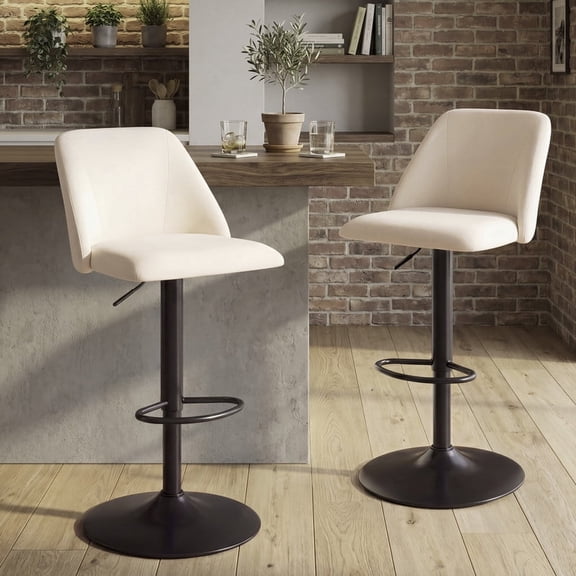 COLAMY Modern Adjustable Bar Stools, Set of 2 Swivel Kitchen Counter Stools, 25"-33" Height, Soft Fabric for 35"-45" Tables, Beige