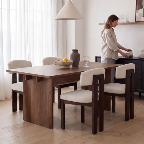 COLAMY Modern Dining Table, 63" Wood Kitchen Table for 6 People, Sturdy Farmhouse Dining Room Table with Unique Line Detail - Winston Walnut