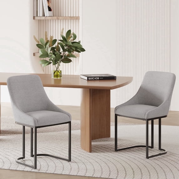 COLAMY Set of 2 Dining Chairs, Modern Upholstered Fabric Kitchen Chairs with U-Shaped Metal Legs, Armless Mid-Back Side Chairs for Home and Hotel, Light Gray
