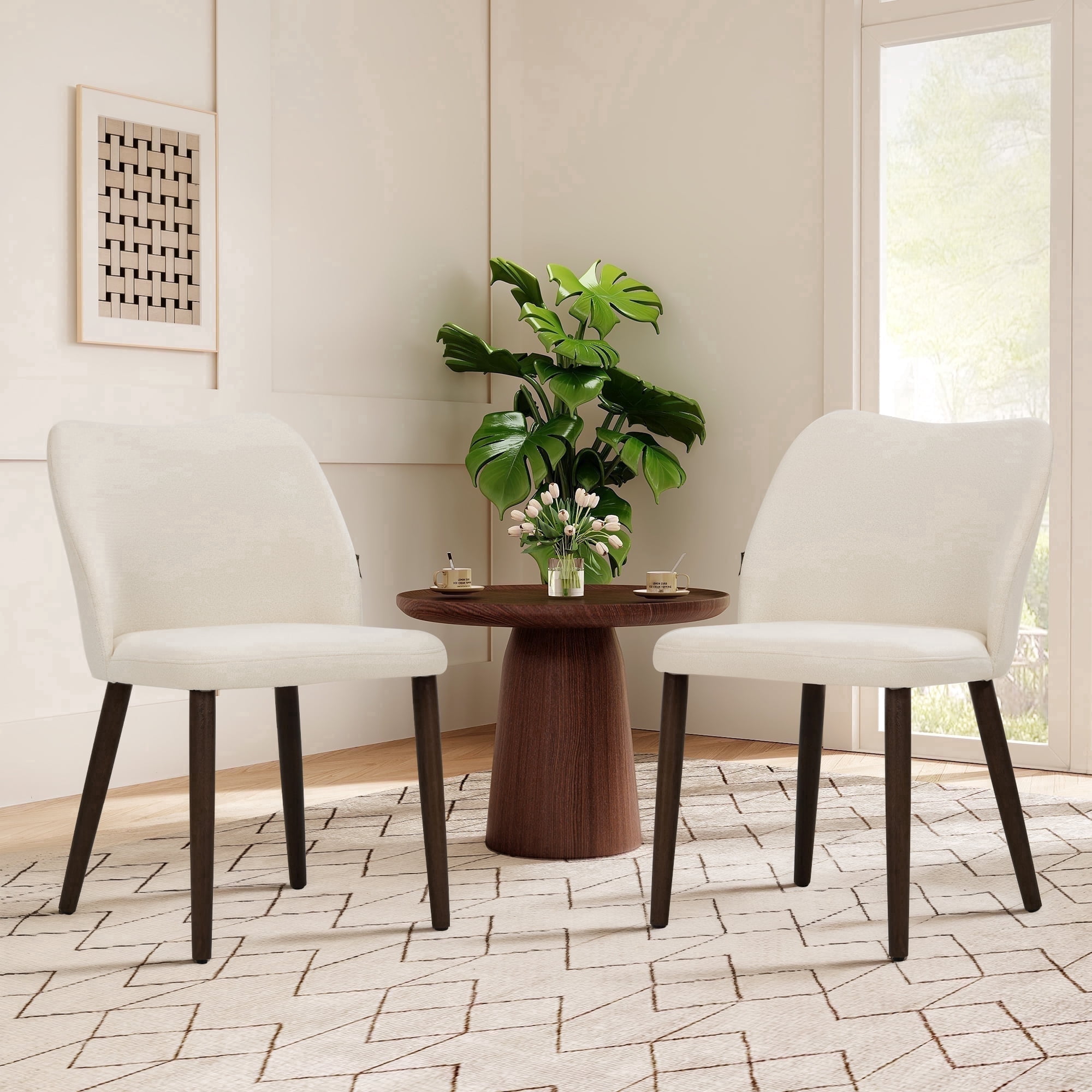 AFO Upholstered Modern Dining Chairs with Wooden Legs, Kitchen Side Chairs for Dining Room, Restaurant and Café, Set of 2, Beige
