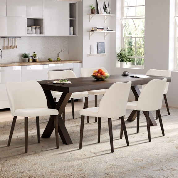 Modern Fabric Side Dining Chairs with Cushioned Seat and Wooden Legs , Upholstered Dining Room Chairs Set of 6 for Kitchen, Café or Restaurant – Beige