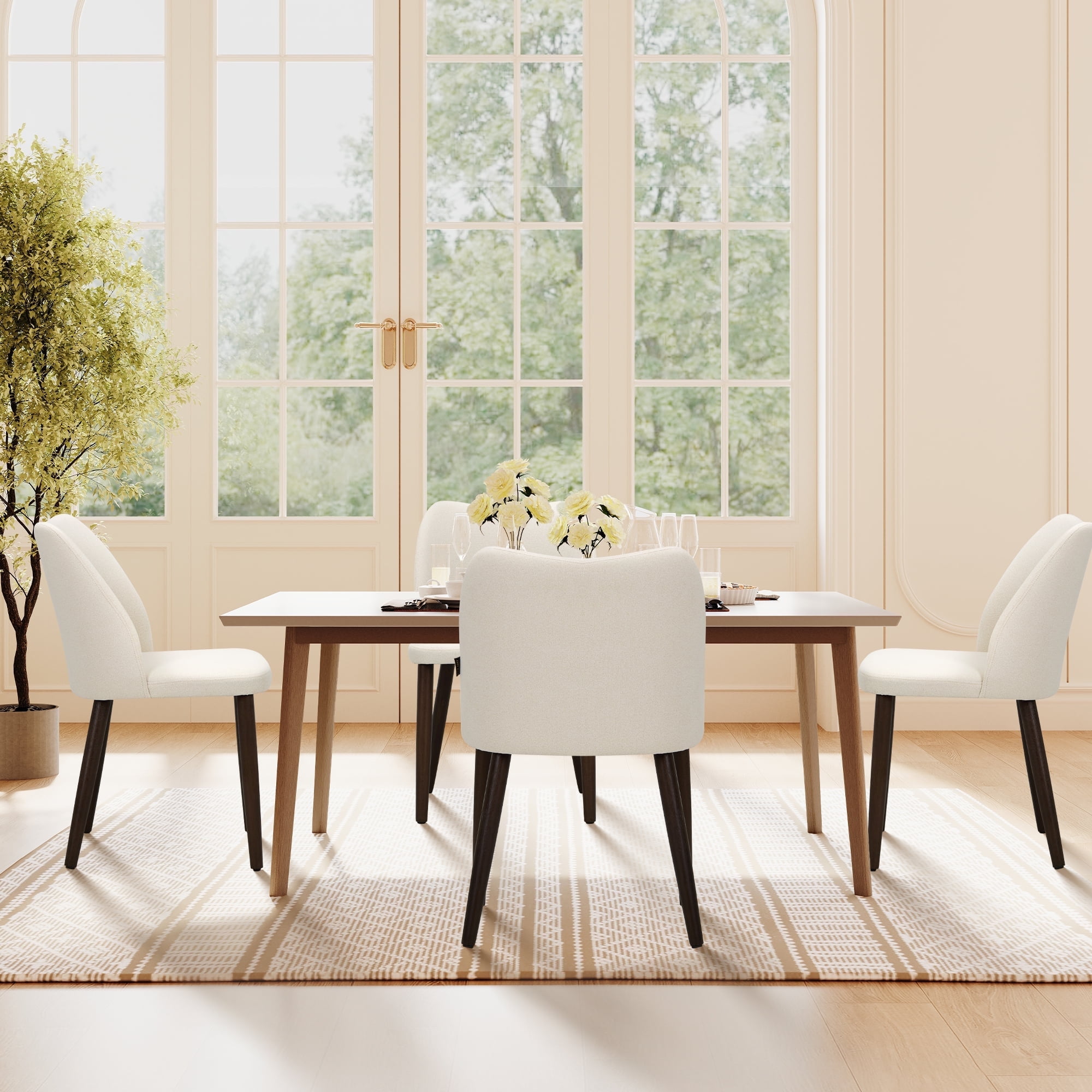 Modern Fabric Side Dining Chairs with Cushioned Seat and Wooden Legs , Upholstered Dining Room Chairs Set of 6 for Kitchen, Café or Restaurant – Beige