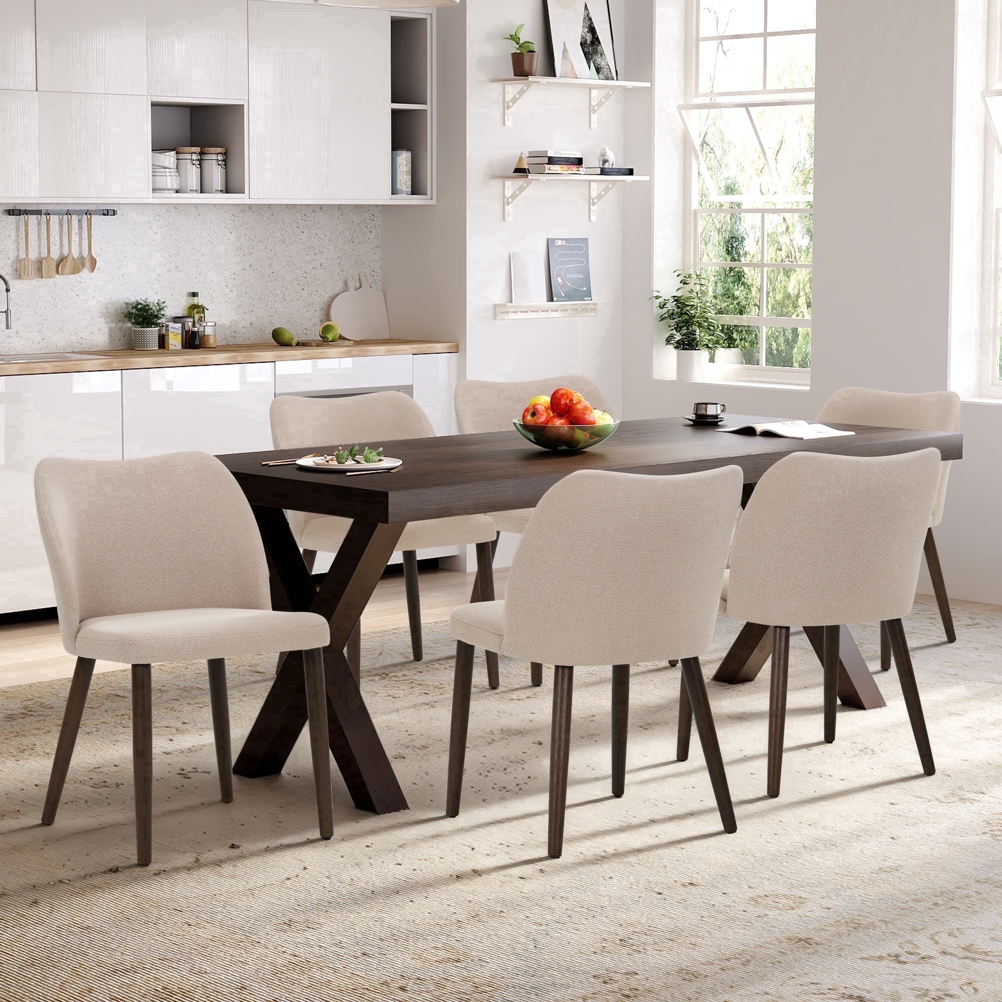 AFO Upholstered Modern Dining Chairs with Wooden Legs, Kitchen Side Chairs for Dining Room, Restaurant and Café, Set of 6, Camel