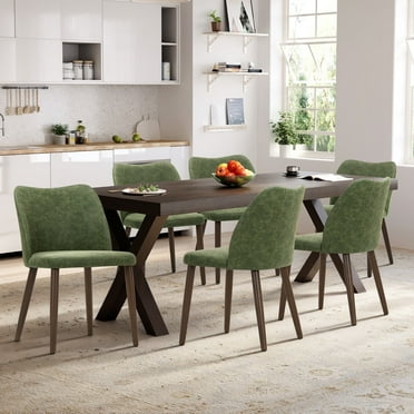 Modern PU Leather Side Chairs with Cushioned Seat and Wooden Legs , Upholstered Dining Room Chairs Set of 6 for Kitchen, Café or Restaurant – Green