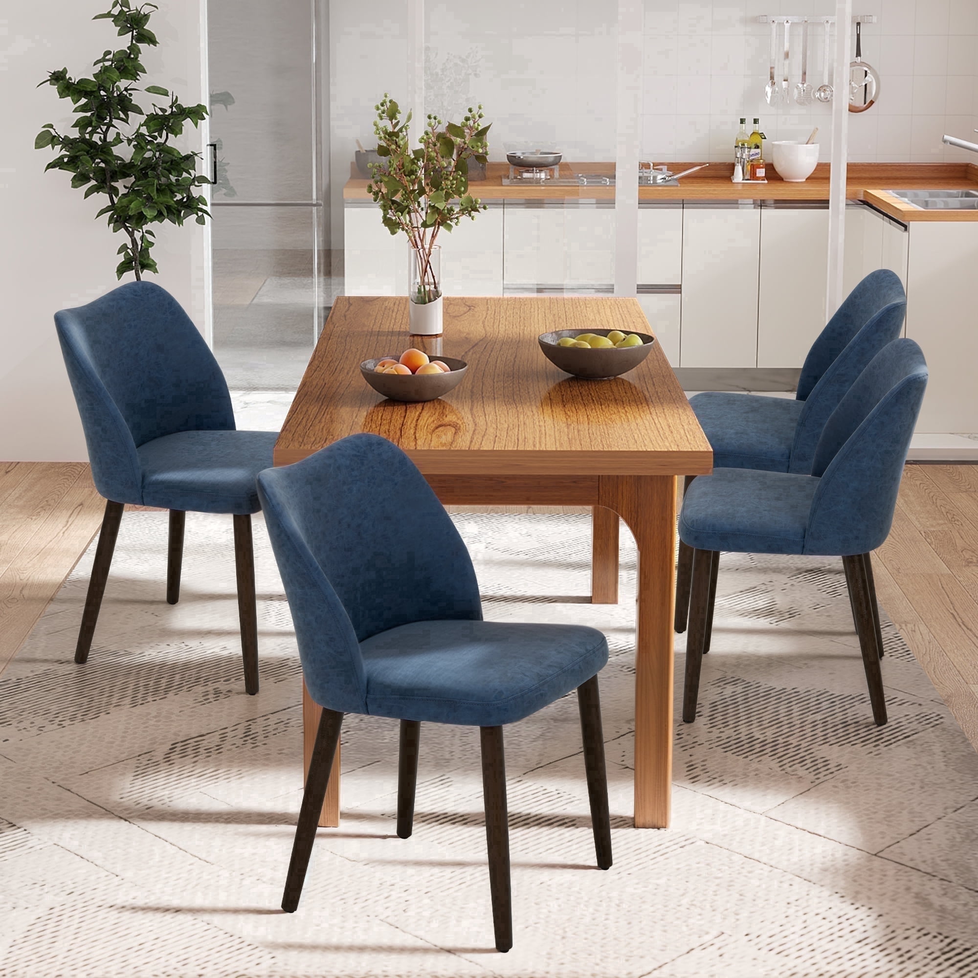 AFO PU Modern Dining Chairs with Wooden Legs, Upholstered Kitchen Side Chairs for Dining Room, Restaurant and Café, Set of 4, Blue