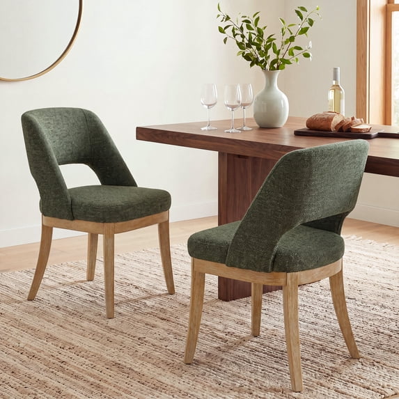 COLAMY Modern Farmhouse Upholstered Dining Chairs Set of 2, Mid Century Open Back Kitchen Table Dining Chairs with Solid Wood Legs, Ergonomic Padded Fabric Chair, Green