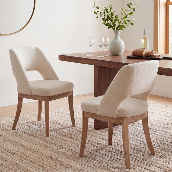 COLAMY Modern Farmhouse Upholstered Dining Chairs Set of 2, Mid Century Open Back Kitchen Table Dining Chairs with Solid Wood Legs, Ergonomic Padded Fabric Chair, Beige
