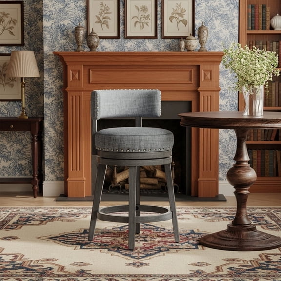 COLAMY Modern Grey Swivel Bar Stool, 25" Counter Height Barstools with Back, Upholstered Wood Kitchen Island Chairs, Ergonomic & Heavy Duty 300 lbs, Stylish Nailhead Trim for Home Bar
