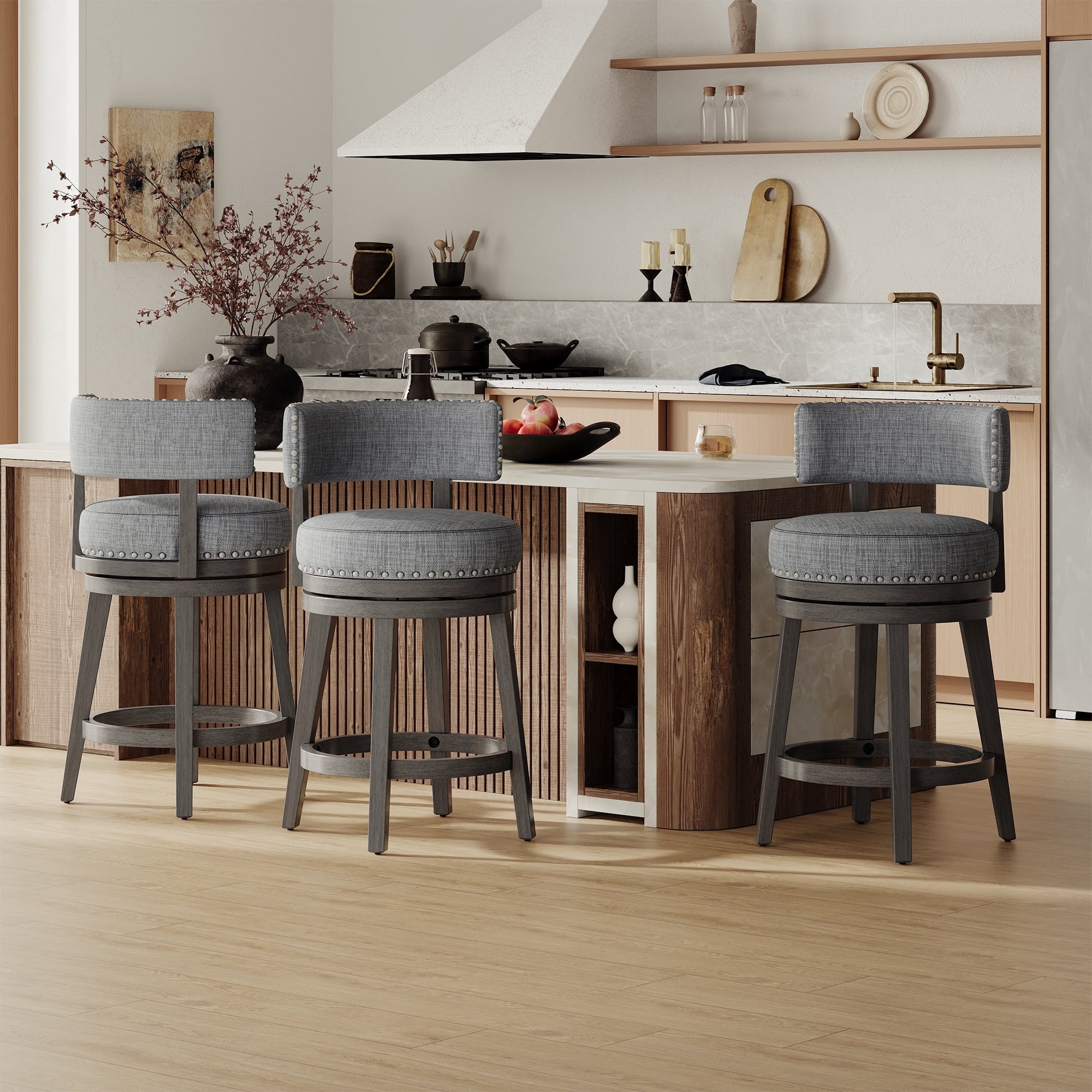 COLAMY Swivel Bar Stools Set of 3, 25 Inch Counter Height Stools, Modern Upholstered Wood Bar Chairs with Back for Kitchen Island Dining Room Bar, Fits 34-40" Height, Gray