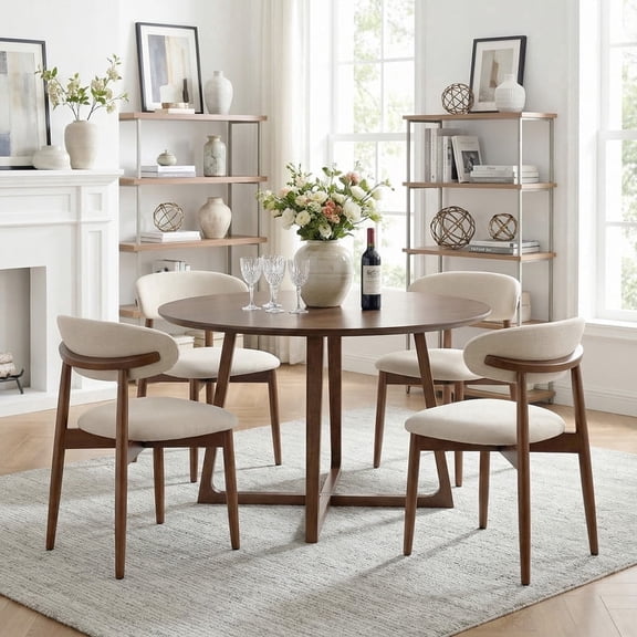 COLAMY NOYA Mid-Century Wooden Dining Chair Set of 4, Upholestered Kitchen Dining Chairs with Padded Seat, Modern Side Dining Chair for Dining Room & Kitchen, Beige