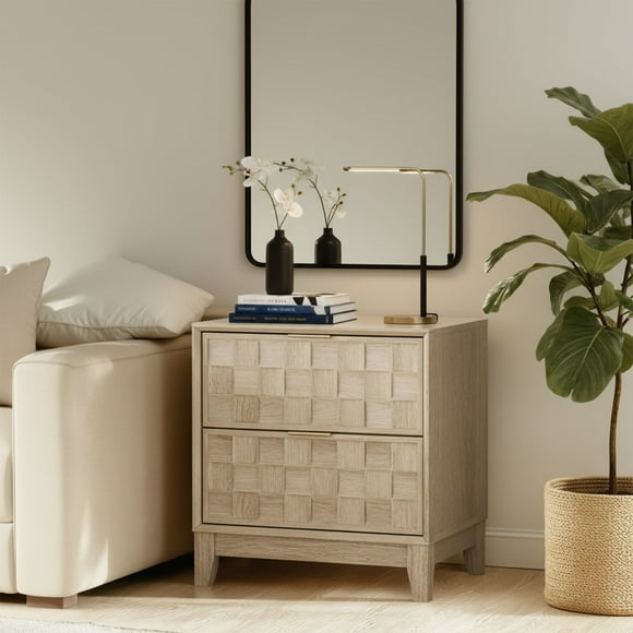 Nightstand with Charging Station, Modern 2 Drawer Bedside Table with Storage, 1 pack,Oak