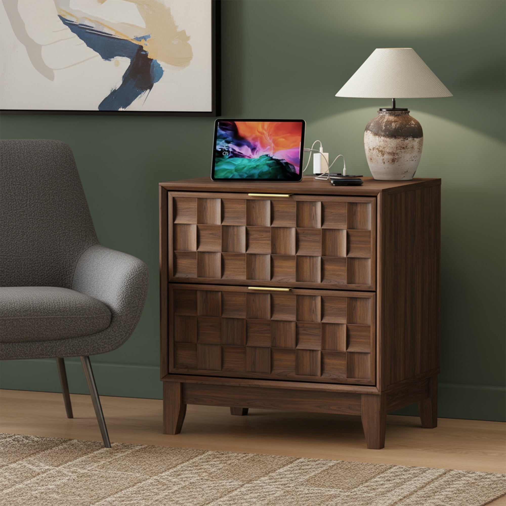Nightstand with Charging Station, Modern 2 Drawer Bedside Table with Storage, 1 pack,Walnut
