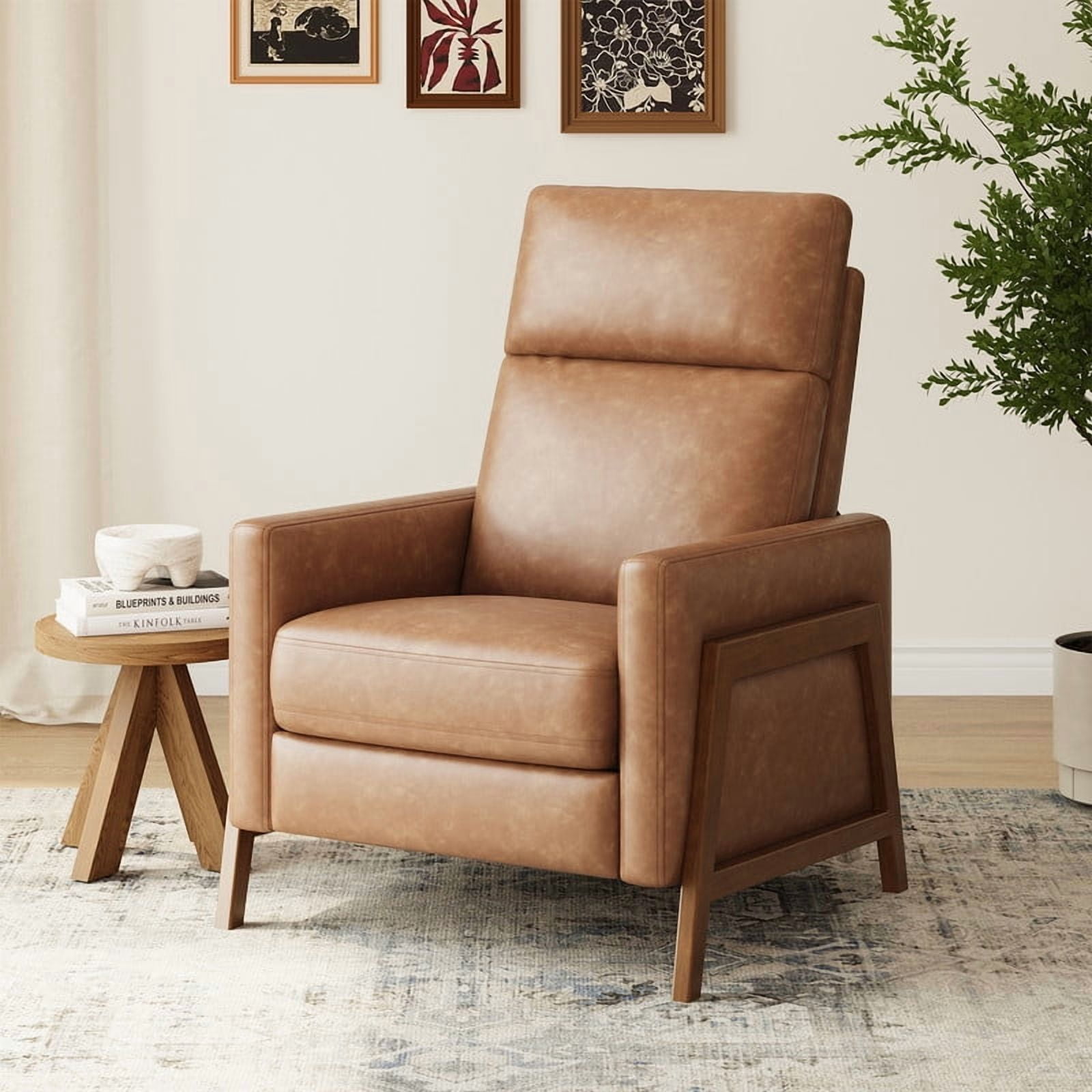 COLAMY Push Back Recliner Chair, Cocoa Manual Leather Recliner Accent Chair, Modern High Back Armchair with Padded Headrest and Solid Wood Frame for Bedroom, Nursery Chair