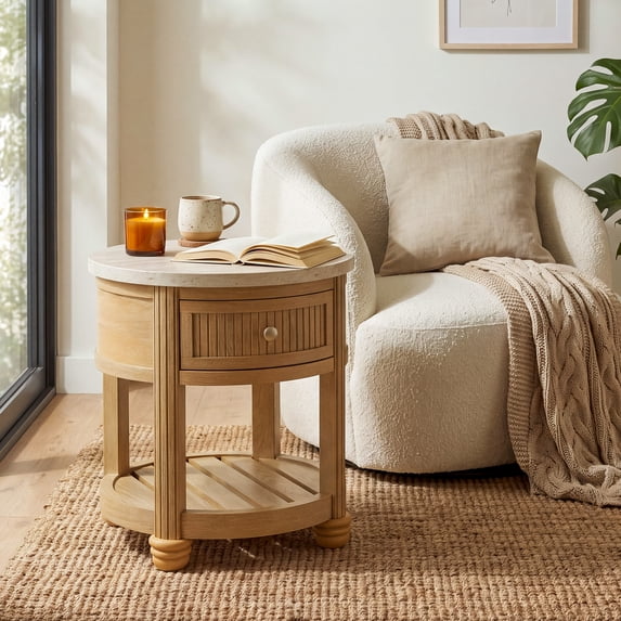 COLAMY RILLE 20" Round End Table with Drawer & Storage Shelf, Travertine Fluted Wood Side Table for Living Room, Modern Farmhouse Round Nightstand Bedside Table, Oak