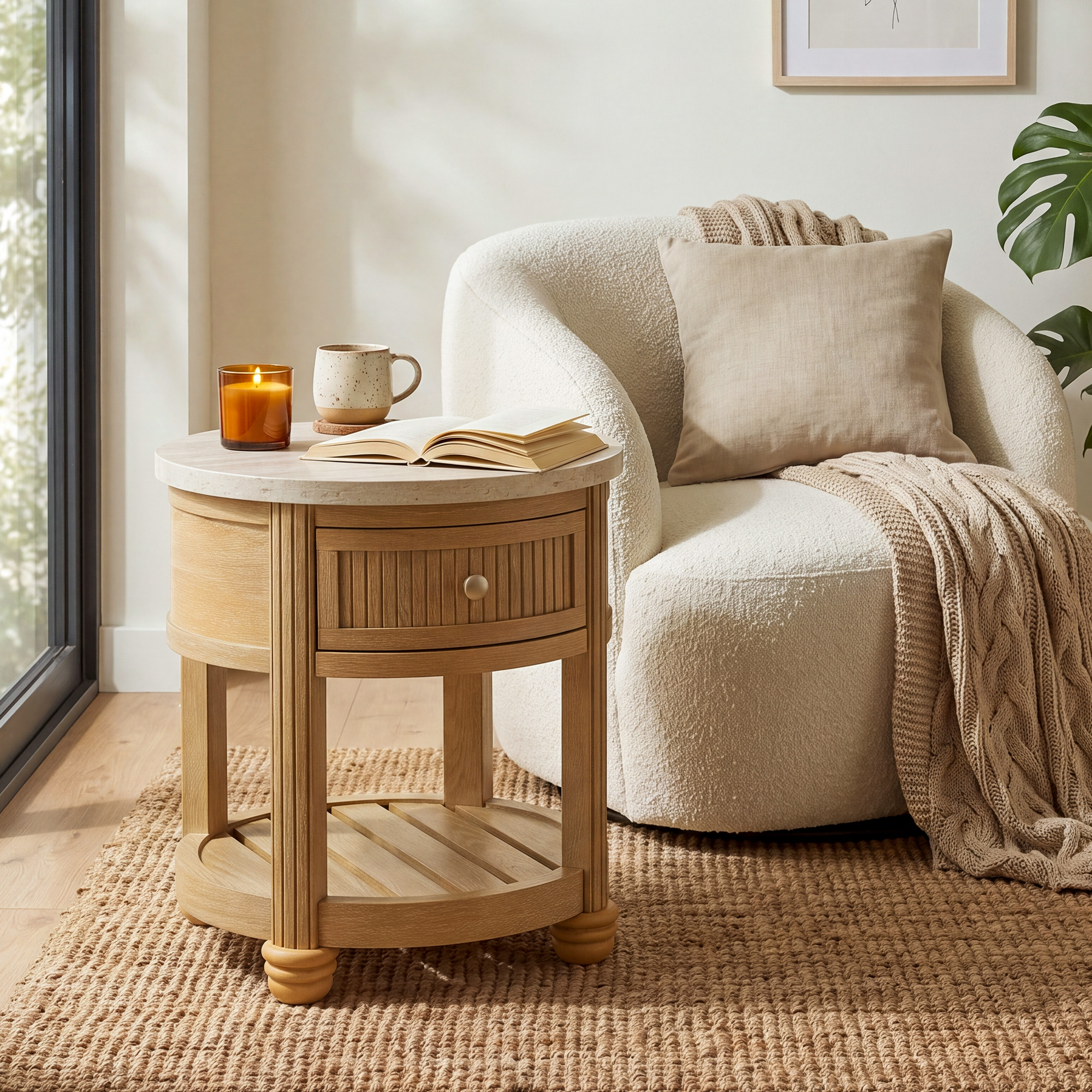 COLAMY RILLE 20" Round End Table with Drawer & Storage Shelf, Travertine Fluted Wood Side Table for Living Room, Modern Farmhouse Round Nightstand Bedside Table, Oak