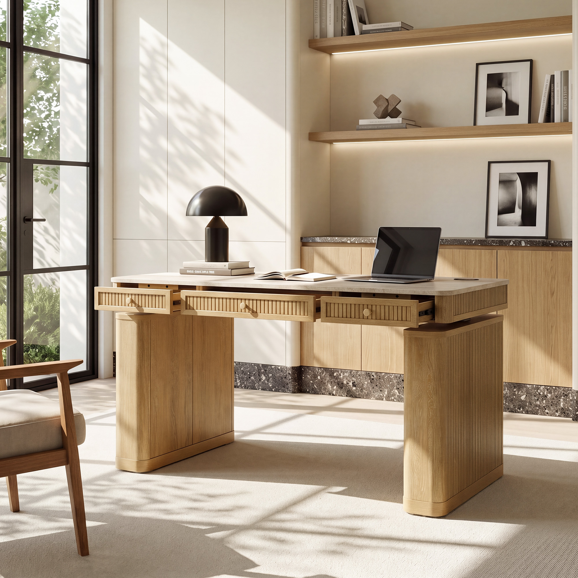 COLAMY RILLE 60" Electric Standing Desk with Drawers, Modern Stone Look Adjustable Height Desk with Cabinet Base, Fluted Executive Sit Stand Desk for Home Office