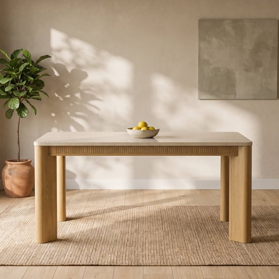 COLAMY RILLE 63" Dining Table for 4-6, Modern Stone Look Faux Travertine Kitchen Table with Fluted Reeded Apron, Rectangular Dinner Table for Dining Room Office