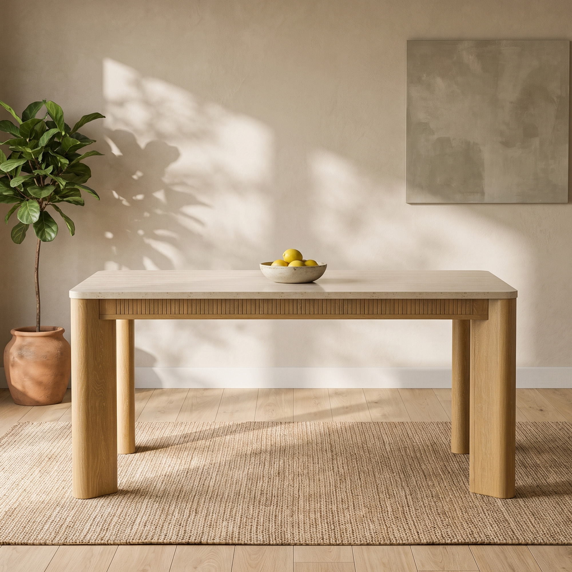 COLAMY RILLE 63" Dining Table for 4-6, Modern Stone Look Faux Travertine Kitchen Table with Fluted Reeded Apron, Rectangular Dinner Table for Dining Room Office